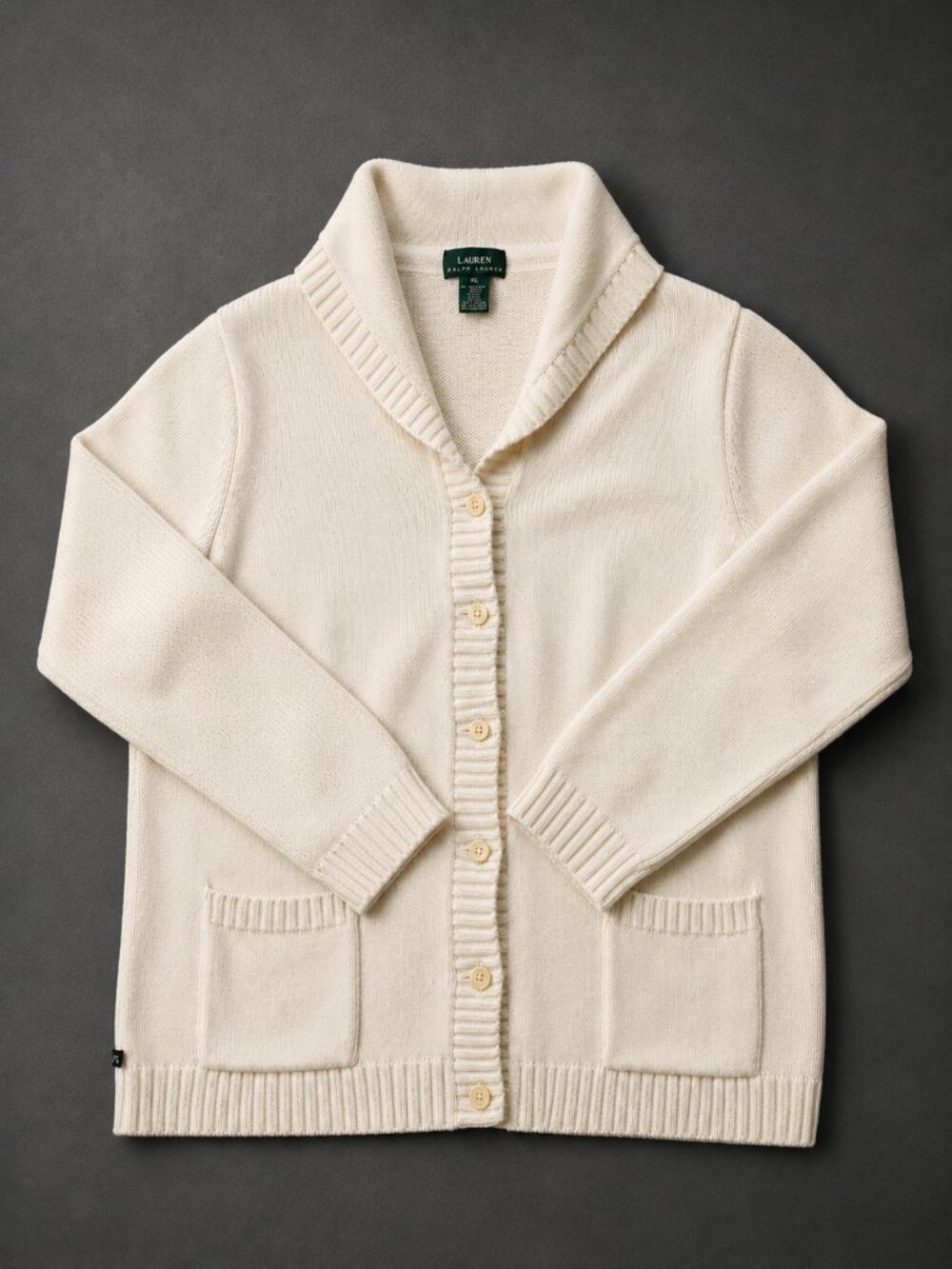 Lauren Ralph Lauren Cotton Shawl Collar Cardigan Sweater XL Cream Pockets - Picture 2 of 7